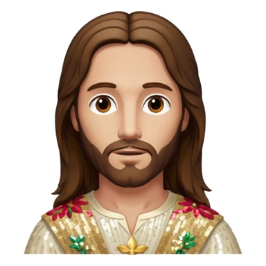 Jesus Christ from The Bible with long brown hair, ivory sequin outfit sticker