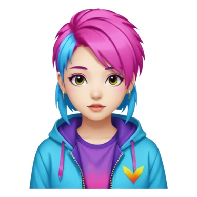 portrait of young woman idol in Kpop style, wearing flashy streetwear outfit, colorful dyed hair sticker