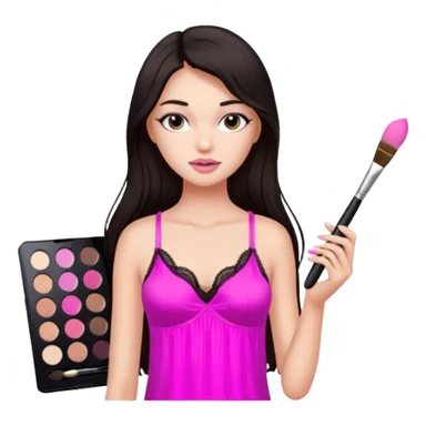 Dark long hair girl wearing pink victorias secret sleepwear that looks like a tank top with lace is holding a normal makeup brush. sticker