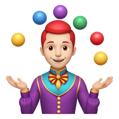 circus juggler portrait, head and shoulders only, colorful outfit collar, playful grin, juggling balls visible near shoulders, 3D cartoon, mobile game icon style, clean background, no text, no watermark
 sticker