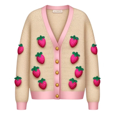 beige crocheted cardigan embroidered with small pink strawberries sticker