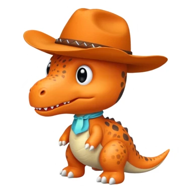 A emoji of a small dino plushie that's orange with a cowboy hat sticker