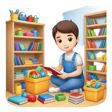 child tidying up their room, putting toys and books away, cheerful and organized sticker