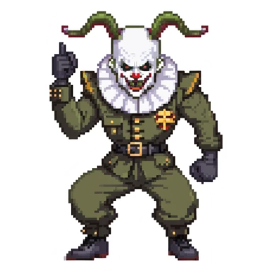 evil clown soldier, bald, small black satan horns on forehead, fangs, pointed ears, black and military green clothes with bellbottom pants, realistically proportioned, less bulky, full body, fighting stance sticker