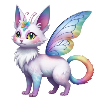 Pure-snow-White albino iridescent with pastel rainbow-gradients-color-markings with swirly patterns butterflies  faerie-Noivern-Noibat-Purloin-Torracat-Lykoi-Caracal-cat-Fakemon-fusion-hybrid-creature sticker