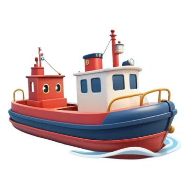 A 3D cartoon tugboat towing another boat on calm blue water, soft waves, clear sky, Memoji-style. sticker