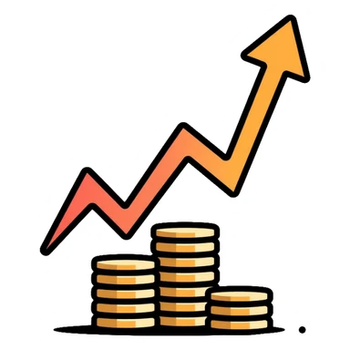 upward arrow beside a small stack of gold coins, beauty business financial growth symbol sticker