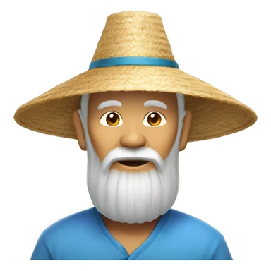 Old Chinese man with traditional straw Chinese hat with a long beard a blue shirt on sticker