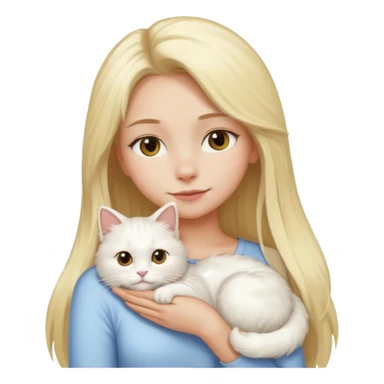 a girl with long blonde hair and a white fluffy cat resting on her left shoulder, emoji style sticker