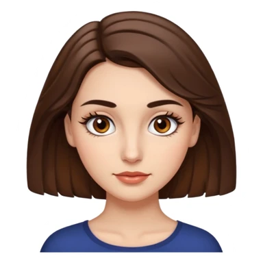 uma mulher com cabelo curto, castanho, levemente ondulados e um pouco abaixo do ombro, sobrancelhas grossas e cílios grandes. Cor da pele é branca e olhos castanhos e um pequeno sinal na bochecha direita.  sticker