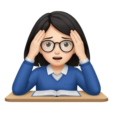 A dark-haired student panics during an exam, covering her face with her hands and not knowing what to do. sticker