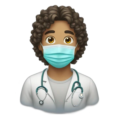A young man with long, curly hair wearing a medical mask sticker