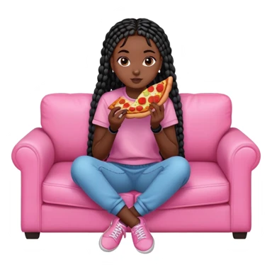 A dark skinned black girl with black box braids eating pizza, on a pink couch in comfy outfit sticker