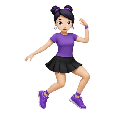 Mujer bailando con zapatillas violeta, pollera negra y remera violeta, mujer con pelo negro y recogido sticker