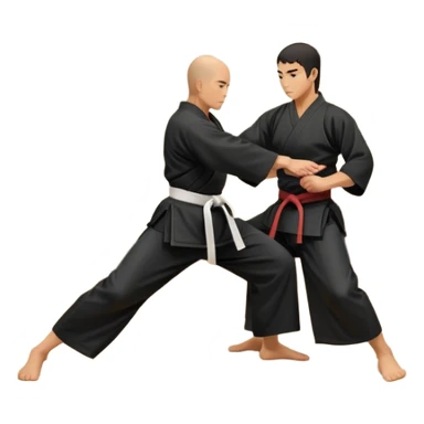 An icon depicting a martial artist in a black gi performing an Aikido technique in a dojo. The background showcases wooden floors, traditional dojo decor, and soft lighting that creates a peaceful yet focused atmosphere. The Aikido practitioner demonstrates fluid movement and precision.  sticker