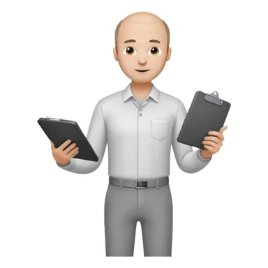man mid 30's shirt and trousers balding hairline standing holding a clipboard sticker