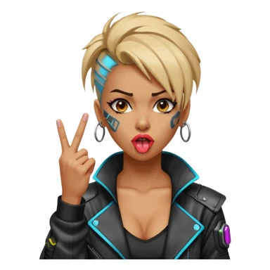 Woman with her tongue out in cyberpunk clothing and giving the middle finger. Looking naughty. sticker