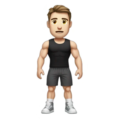 Confused Pale skinned Fit Man With the biceps and dark brown hair in black shirt, gray sports shorts and white Sneakers sticker