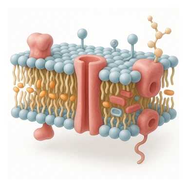 A highly detailed, scientifically accurate cross-section of a biological cell membrane (lipid bilayer) on a white background, ultra-realistic 3D illustration. Show the phospholipid bilayer with hydrophilic heads (round, polar) facing outward and hydrophobic tails (chains) inside. Include embedded proteins (integral and peripheral), cholesterol molecules (small, rigid), glycoproteins with sugar chains, and ion channels. The style should be clean, lab-textbook style, with subtle shadows and depth. Use a color scheme: light blue for hydrophilic heads, yellow for hydrophobic tails, red/pink for proteins, and orange for cholesterol. Microscope-like precision, no artistic stylization. sticker