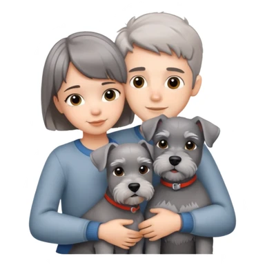 a boy and a shorthair girl hug a grey Schnauzer sticker