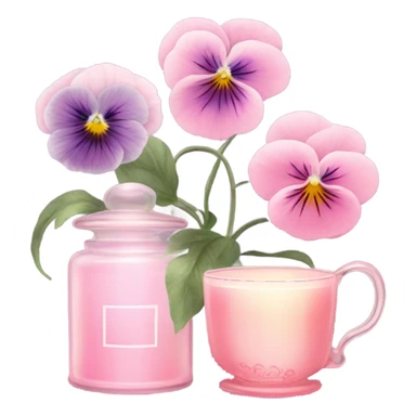 A cozy aesthetic: a pink candle in a glass jar, pastel pink pansies, a vintage perfume bottle, and a cup of steaming tea. sticker