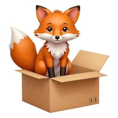 Cute fox sitting in a cardboard box with playful expression, kids toy aesthetic sticker
