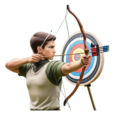 An archer pulling back a bowstring, aiming at a target in the distance. The target features concentric rings, and the scene conveys focus and precision. The background captures the essence of an outdoor archery range, highlighting skill and concentration in the sport. sticker
