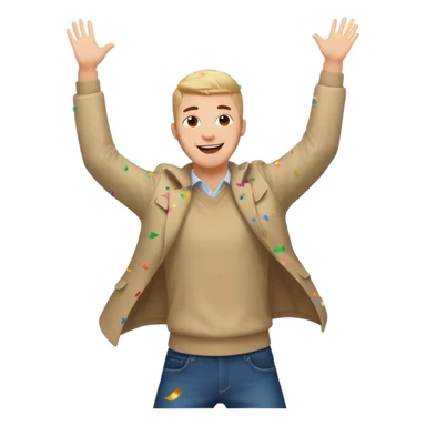 hombre sonriendo saltando con los brazos hacia arriba saltando, con explosivos, confites volando, sticker