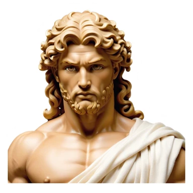 Cinematic Realistic Hercules Portrait, depicted as a classical Greek hero merging the fierce masculinity of Hercules with the refined face of Michelangelo's David. His light tan, chiseled skin glows with timeless strength, and his thick, curly, golden brown hair cascades in natural, sculpted curls reminiscent of a warrior’s mane. Draped in a flowing white robe with delicate golden accents and crowned with a traditional Greek laurel wreath, his intense, determined eyes exude noble might, all rendered under dynamic natural lighting with a mythic, radiant glow. sticker