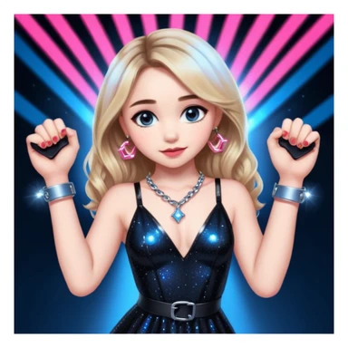 Sabrina carpenter at concert wearing a black sparkly dress with a silver sparkle v neck she is holding up pink handcuffs towards audience and kneeling, blue and red lights setting  sticker