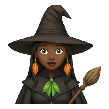 elphaba the wicked witch from wicked movie (cynthia erivo) dark long hair, thick lips, witch hat, broom sticker