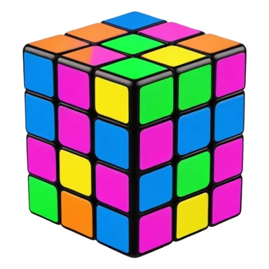A 3x3 Rubik's Cube with fluorescent colors: glowing green, radiant pink, brilliant blue, luminous yellow, vivid orange, intense purple, minimalist iOS emoji style sticker