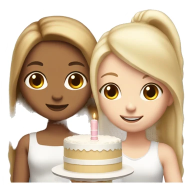 Girl with long blond hair and white girl with brown straight hair are holding big white cake sticker