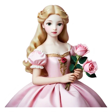 Cinematic Realistic Sleeping Beauty (Aurora) Portrait, with porcelain-like skin featuring a natural rosy flush, illuminated by soft lighting that highlights the gentle contours of her face. Her golden blonde hair flows in soft, detailed waves with subtle highlights that shimmer in the light. Her deep violet-blue eyes radiate warmth and innocence, framed by arched brows and long lashes. With a soft, serene smile, she holds a delicate rose gently in one hand, her other hand resting lightly by her side. She is dressed in her classic pink gown, the fabric rich in texture with delicate folds that catch the light. A golden crown rests atop her head, gleaming with royal refinement. The portrait captures a soft, glowing aura, blending realism with an ethereal sense of beauty and timeless enchantment. sticker