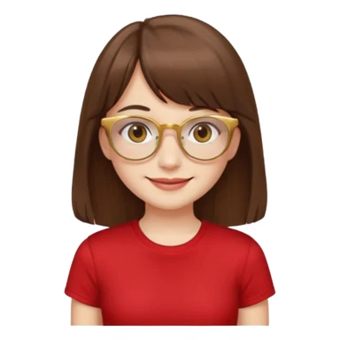 chica con piel blanca sonriendo, ojos marrones y pelo marrón largo hasta la cintura con flequillo y lentes dorados con remera roja. sticker