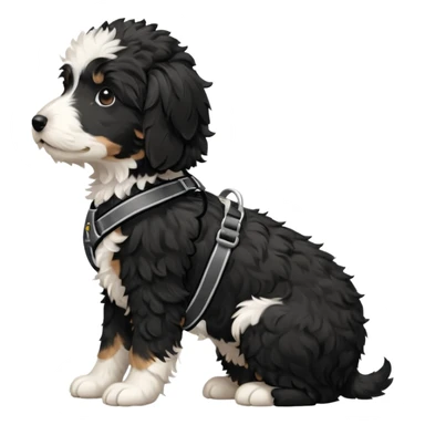 Black and white aussiedoodle puppy in side profile wearing harness  sticker