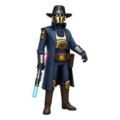 mean bounty hunter tarnished undercover tough well-equipped Jedi life-sized darkblue-pearl C3po leather vest clothing pants and vest old west duster coat holding light saber sheriff holstered gun hat floating sticker