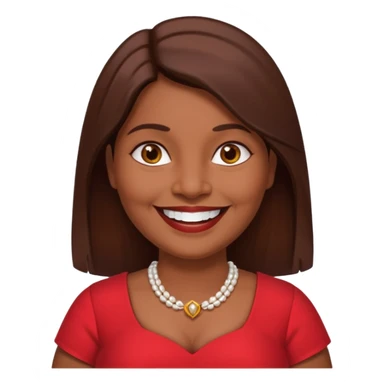 50 yr old chubby Sri Lankan woman, dark skin, straight brown hair, big smile, white teeth, red dress clothes, longer hair straight, big teeth sticker