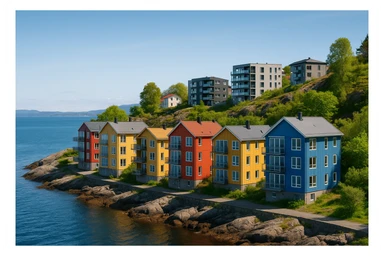 A coastal town in norway, apartment blocks sticker