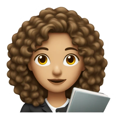 brunette woman with long curly hair working on notebook sticker