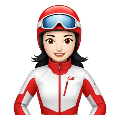 Ski racer downhill woman red white dress black hair smile sticker