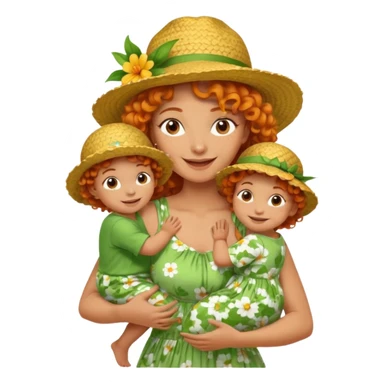 A cheerful orange curly hair mom in a straw hat carrying her child, wearing a green flowery dress sticker