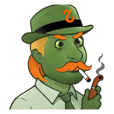 A guy with blonde pigtails wearing a green fedora smoking a pipe with a orange beard with a white shirt with a recycling symbol on it sticker