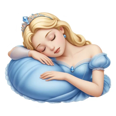 Cinematic Realistic Sleeping Cinderella Portrait, portrayed with exceptional realism: her luminous porcelain skin and exquisitely detailed golden-blonde hair lie softly under the gentle caress of natural light. Her eyes are peacefully closed in a serene, dreamlike slumber, and every fold and shimmer of her iconic ball gown is rendered with painstaking detail. The overall composition radiates a quiet, enchanting glow that encapsulates the timeless, restful beauty of a princess lost in a gentle, magical dream. sticker