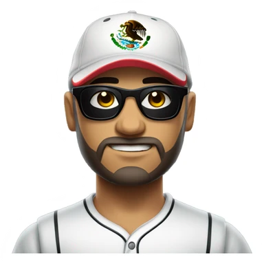 Bald Mexican young man with round face a dark beard baseball cap and dark cool sunglasses looking tough huge muscles sticker