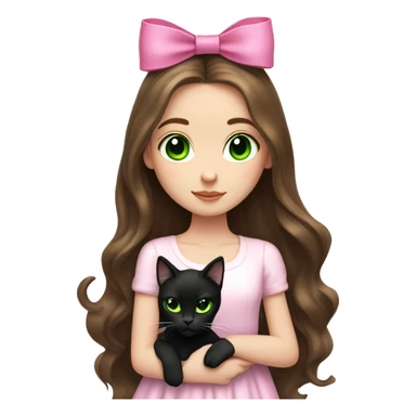 pale brunette girl with long brown hair with bright green eyes holding black cat pink bow sticker