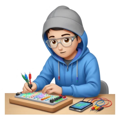 An emoji of an engineer working on a complex breadboard with many colorful wires and components. A Wi-Fi signal icon pulses above their head. They wear a hoodie and have a focused expression. Simple, cute, icon style. sticker