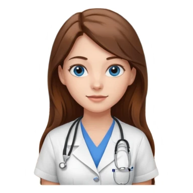 pretty female nursing student with long brown hair, blue eyes inside a classroom at university with blackboard behind her sticker