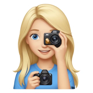  blue eyes blonde girl photographer cartoon taking picture in middle of taking picture camera in front of face long hair smiling funny flash professiona sticker
