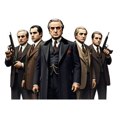 A vintage movie poster-style design featuring Don Vito Corleone surrounded by gangsters with Tommy guns. Include a dark, moody noir atmosphere with skyscrapers of New York in the background. The scene should be tense and mysterious, with a retro cinematic feel. Transparent background. sticker